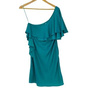 H by Halston Heritage blue turquoise exposed one shoulder ruffled dress, 10
